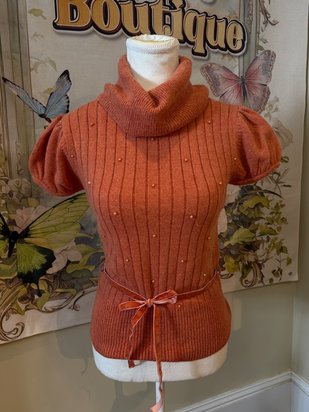 Women’s Rust Orange Short-Sleeve Turtleneck Sweater with Pearl Detail